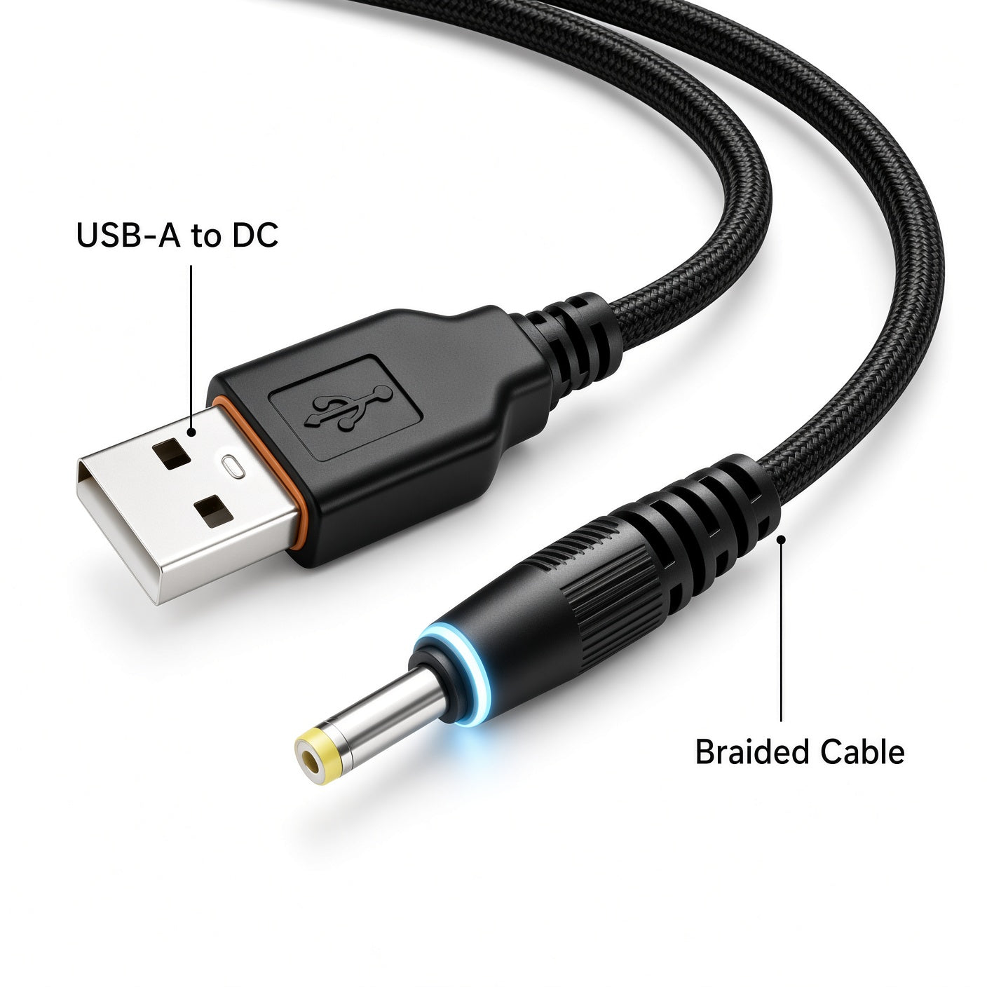 Black Braided USB-A to DC Power Cable with LED Indicator