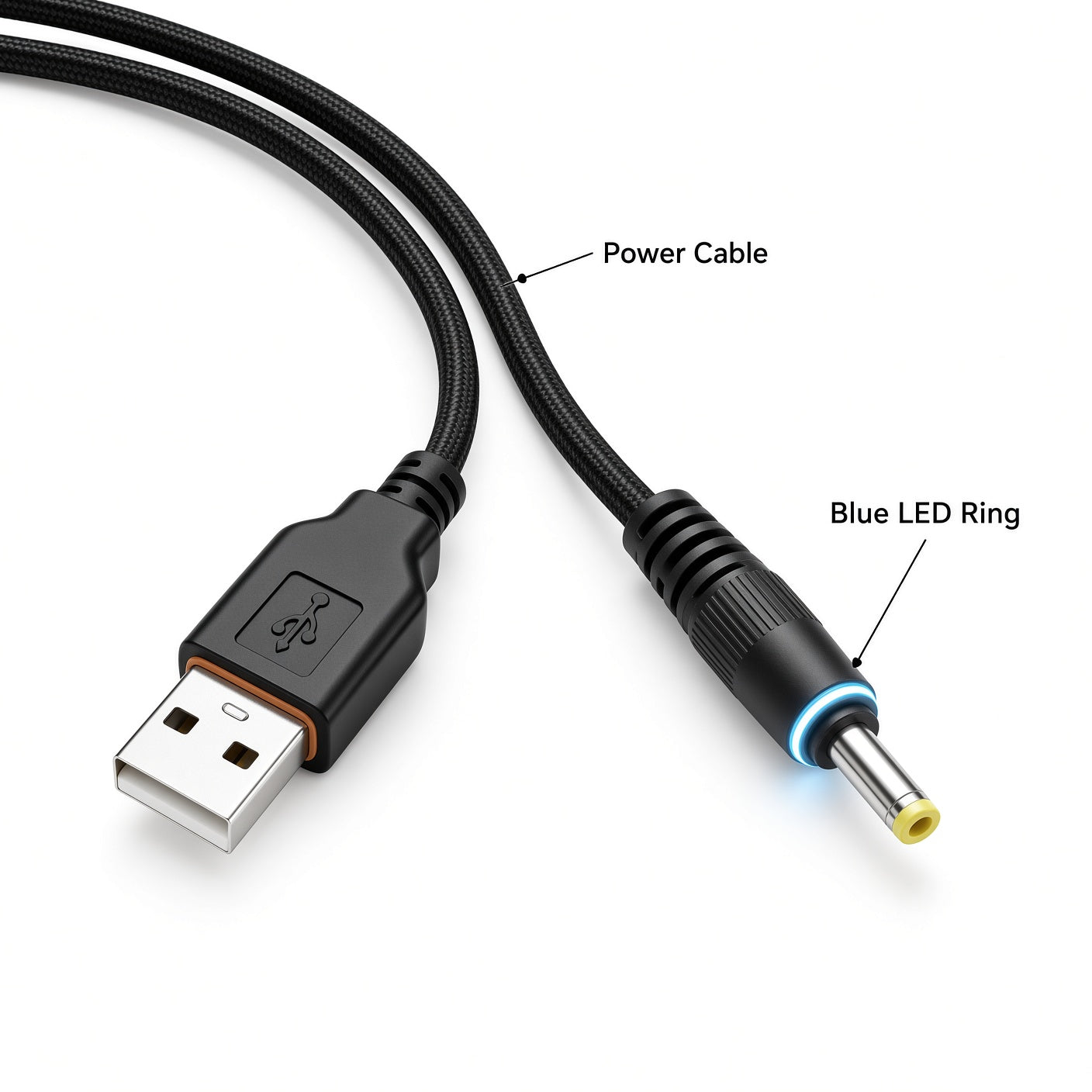 Black Braided USB-A to DC Power Cable with LED Indicator