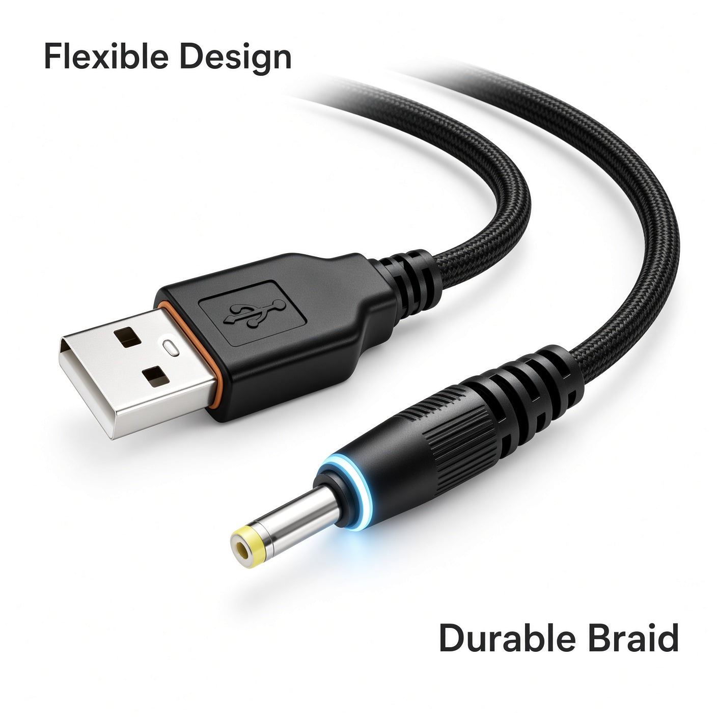 Black Braided USB-A to DC Power Cable with LED Indicator
