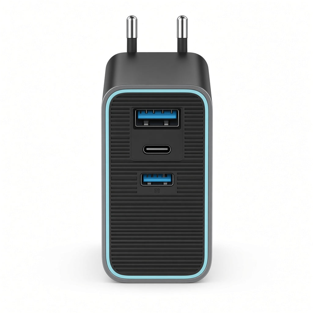 Black EU Multi-Port Charger with USB-A, USB-C and Cyan Accent