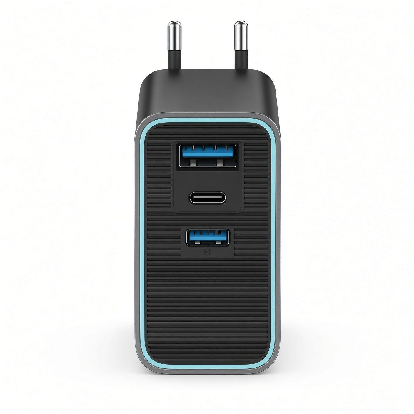 Black EU Multi-Port Charger with USB-A, USB-C and Cyan Accent