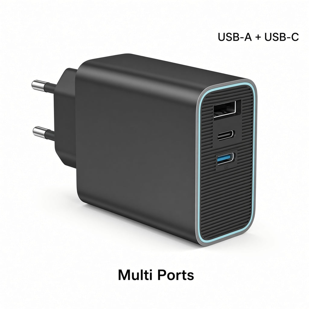Black EU Multi-Port Charger with USB-A, USB-C and Cyan Accent