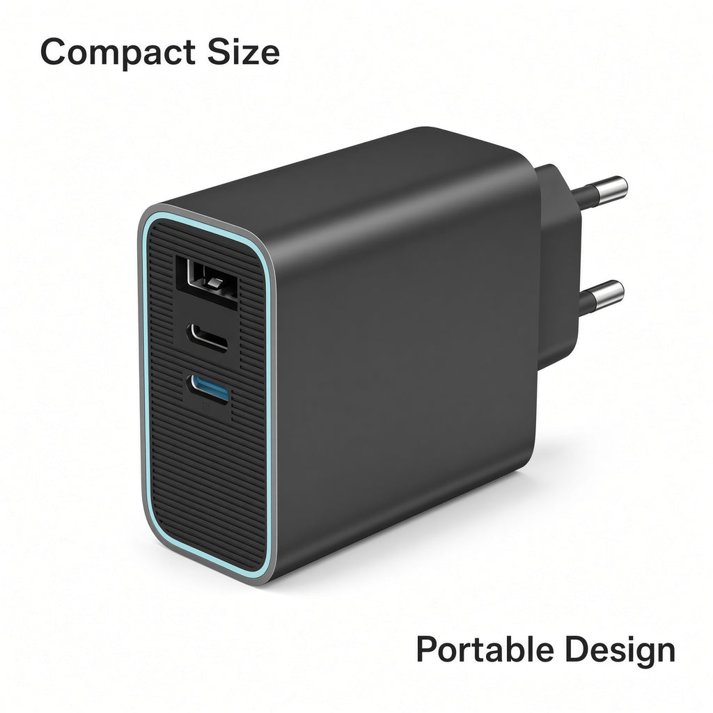 Black EU Multi-Port Charger with USB-A, USB-C and Cyan Accent