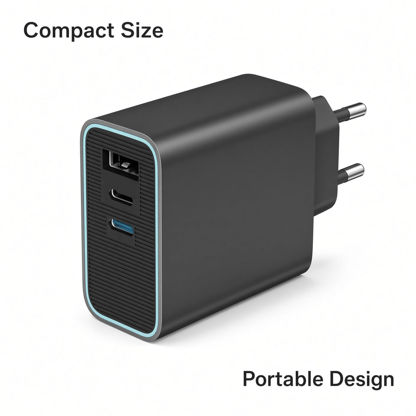 Black EU Multi-Port Charger with USB-A, USB-C and Cyan Accent