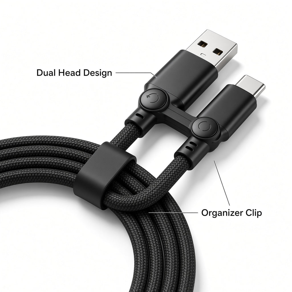 Black Braided USB-A to USB-C Cable 2-Pack with Dual-Head Organizer
