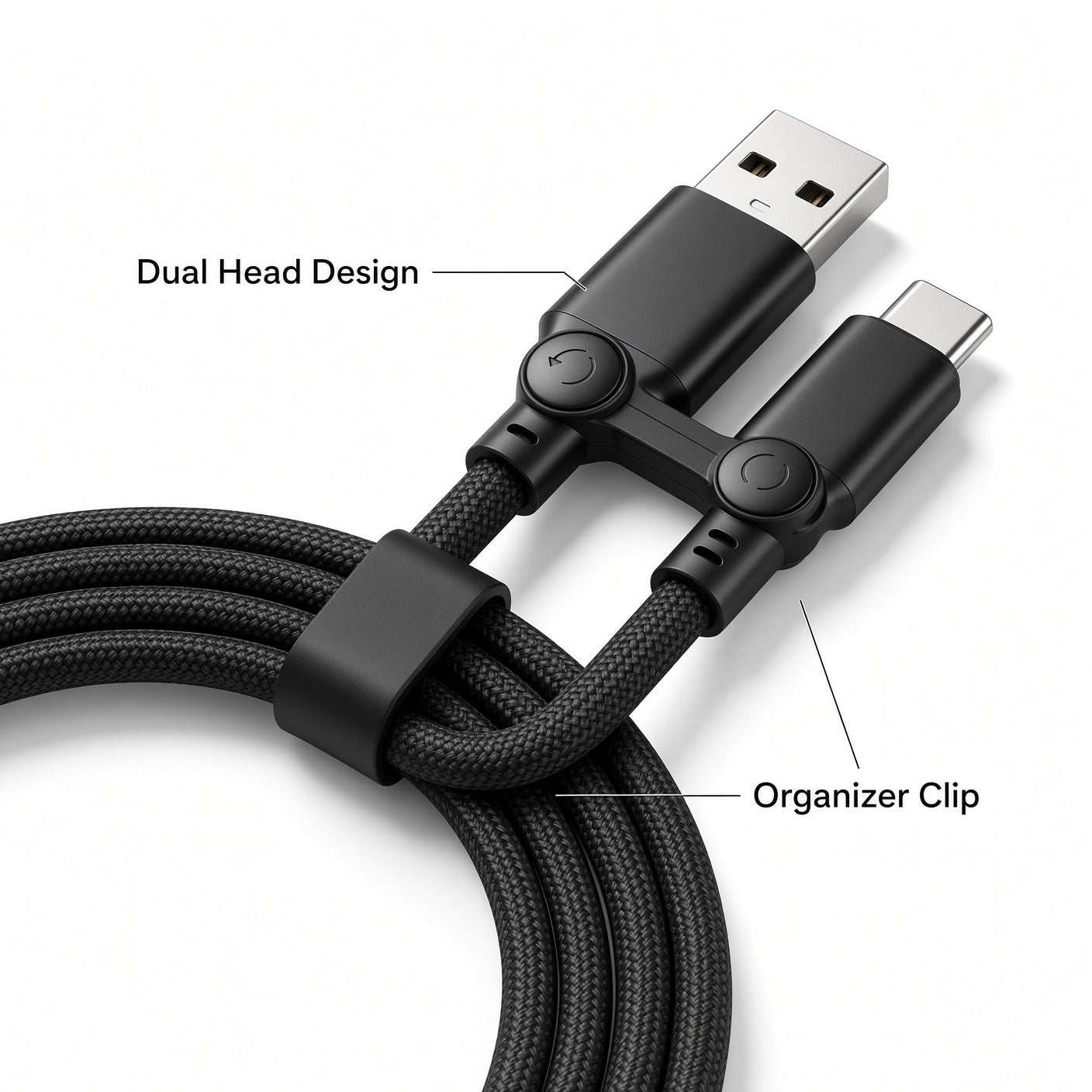 Black Braided USB-A to USB-C Cable 2-Pack with Dual-Head Organizer