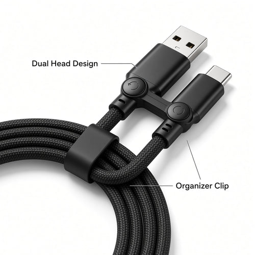 Black Braided USB-A to USB-C Cable 2-Pack with Dual-Head Organizer