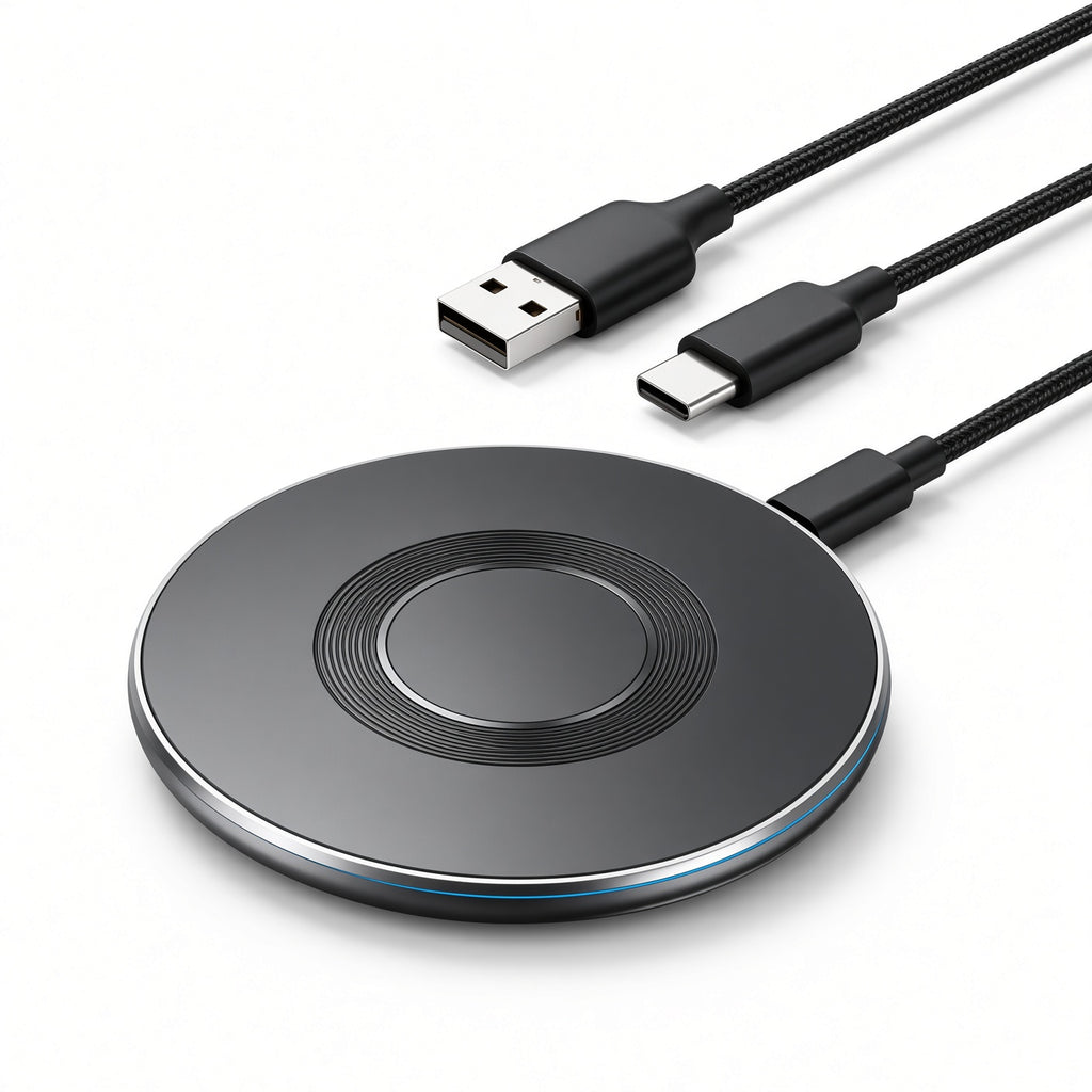Black Round Wireless Charger with Dual Braided Cables