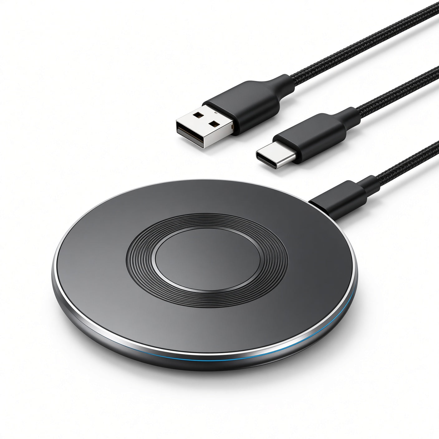 Black Round Wireless Charger with Dual Braided Cables