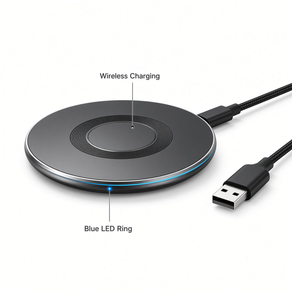 Black Round Wireless Charger with Dual Braided Cables
