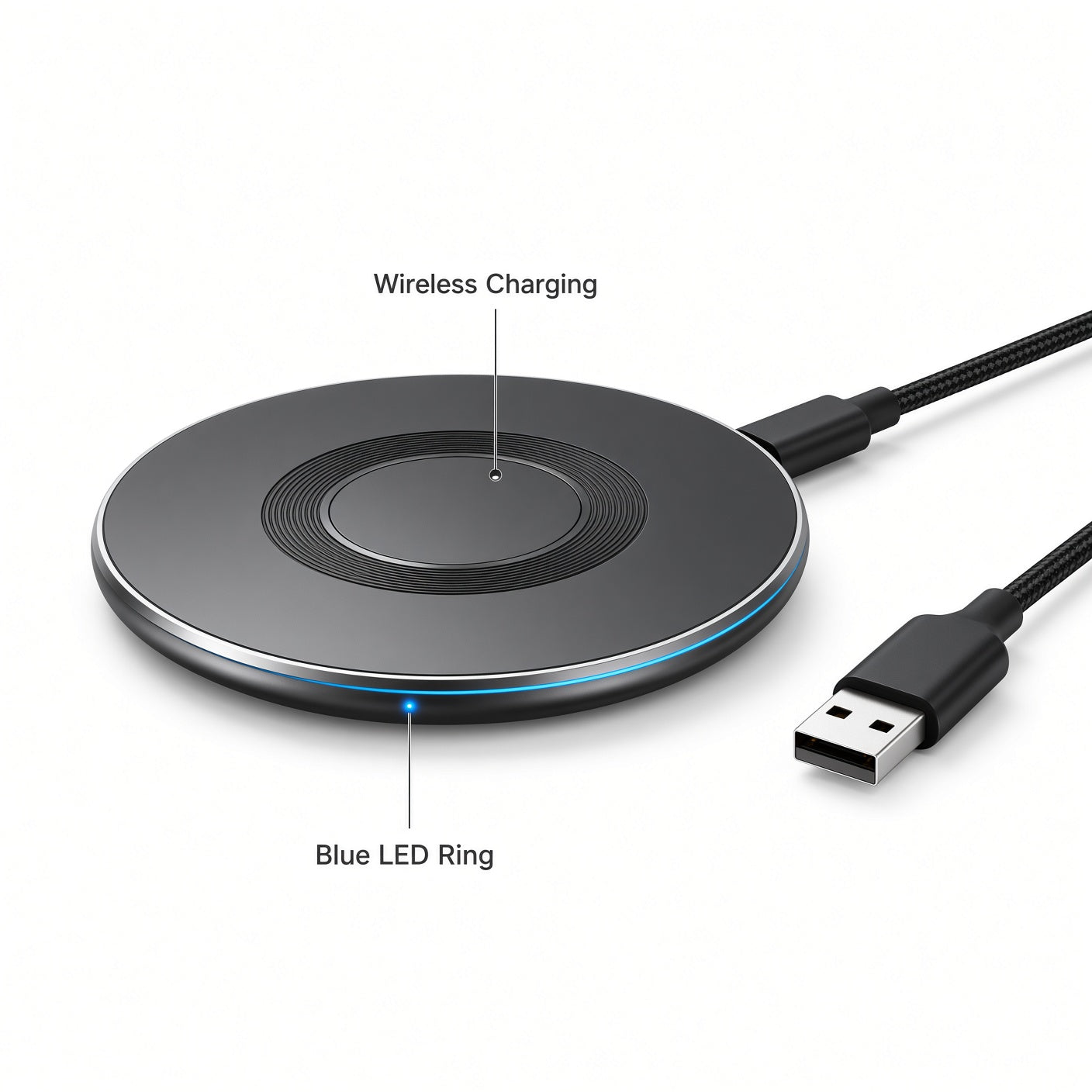 Black Round Wireless Charger with Dual Braided Cables