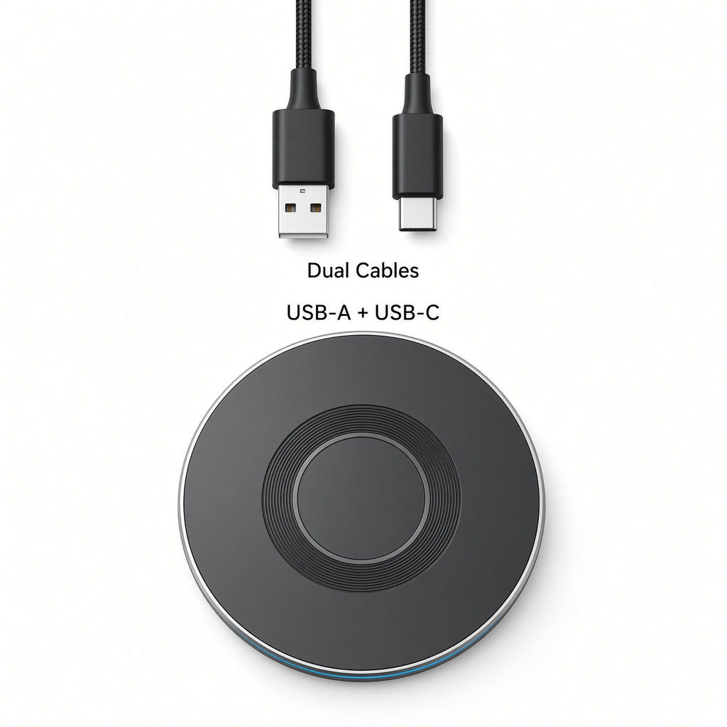 Black Round Wireless Charger with Dual Braided Cables
