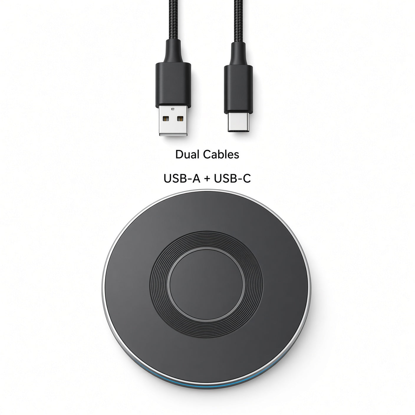 Black Round Wireless Charger with Dual Braided Cables