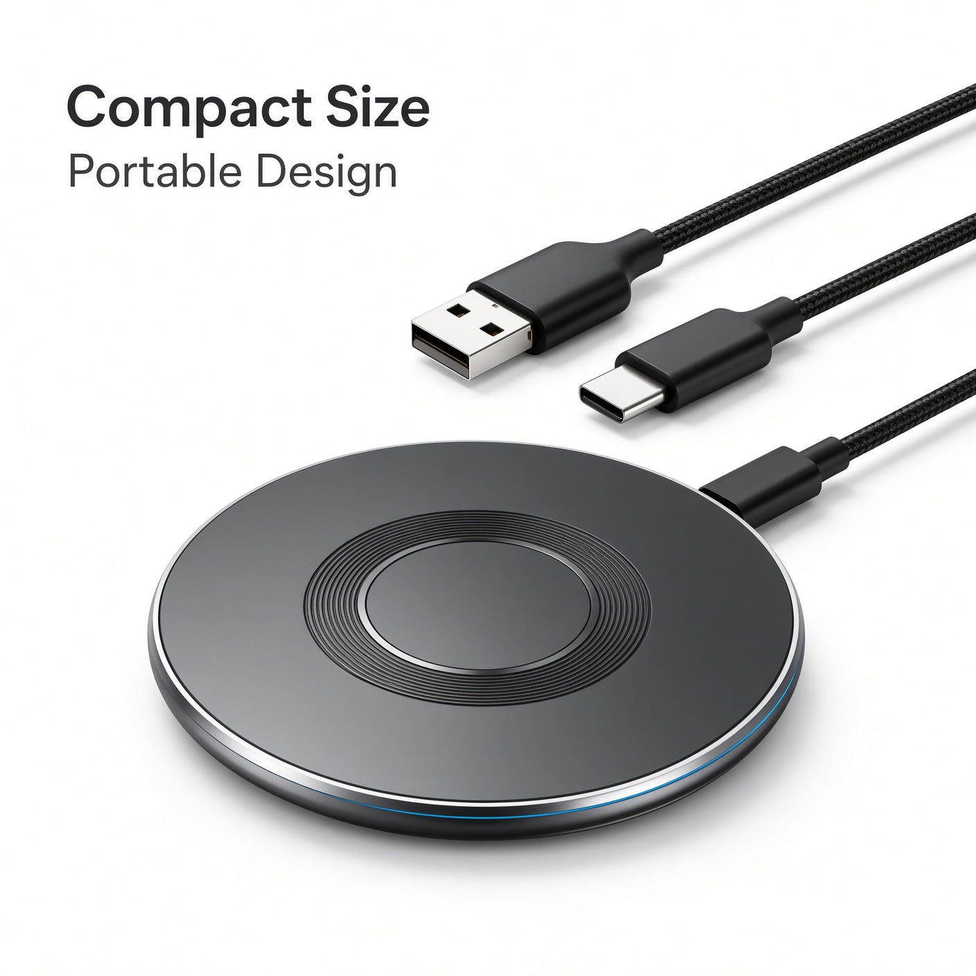 Black Round Wireless Charger with Dual Braided Cables