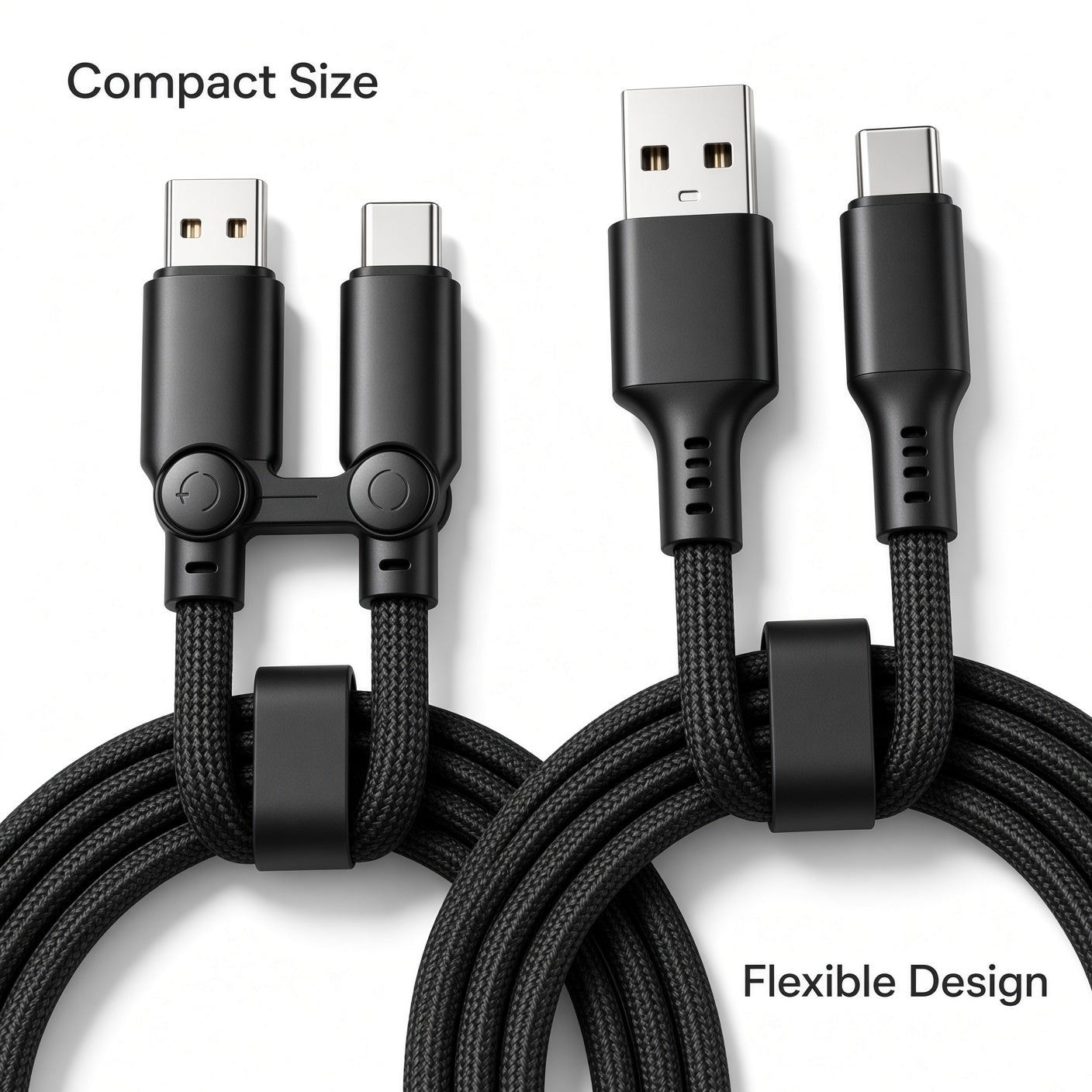 Black Braided USB-A to USB-C Cable 2-Pack with Dual-Head Organizer