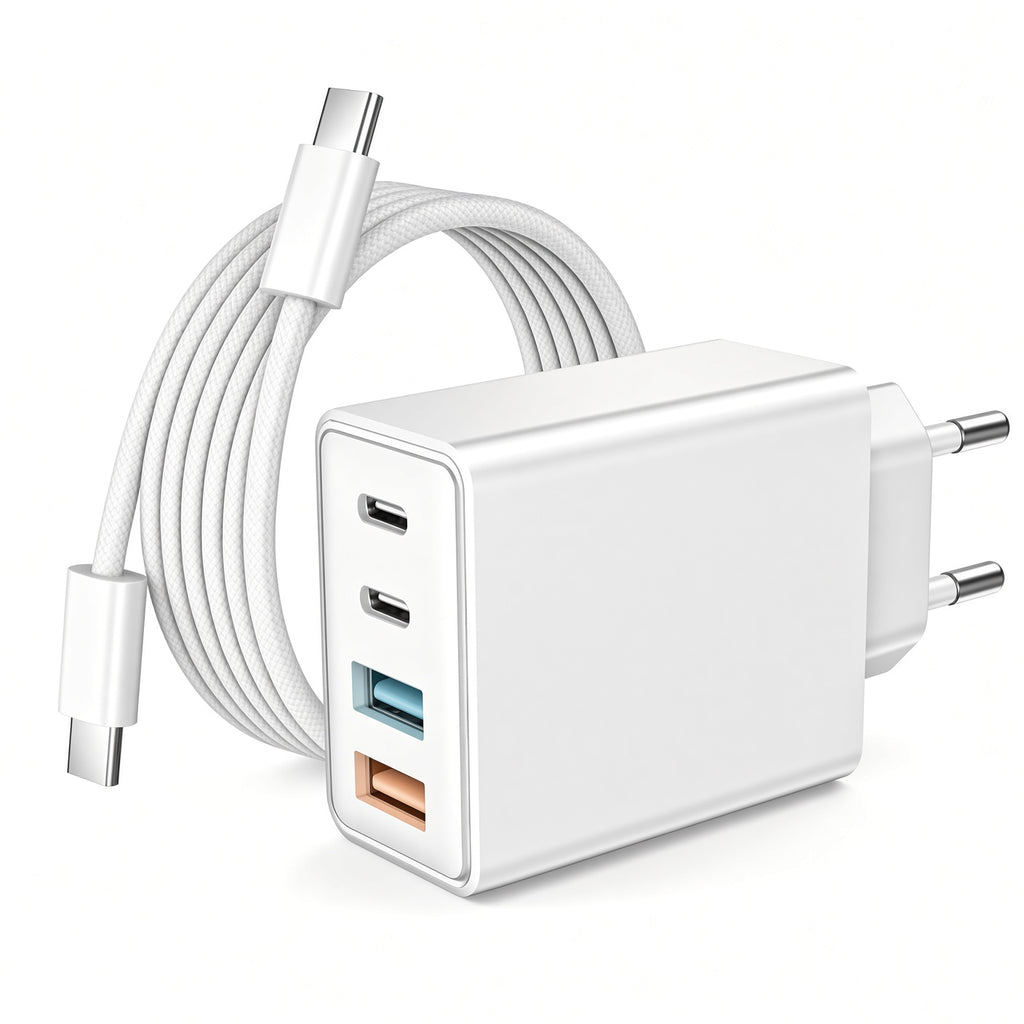 White EU Multi-Port Charger with Braided USB-C Cable
