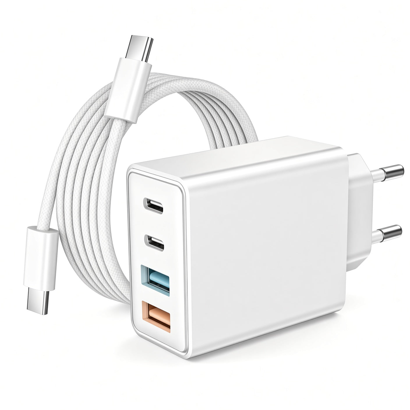 White EU Multi-Port Charger with Braided USB-C Cable