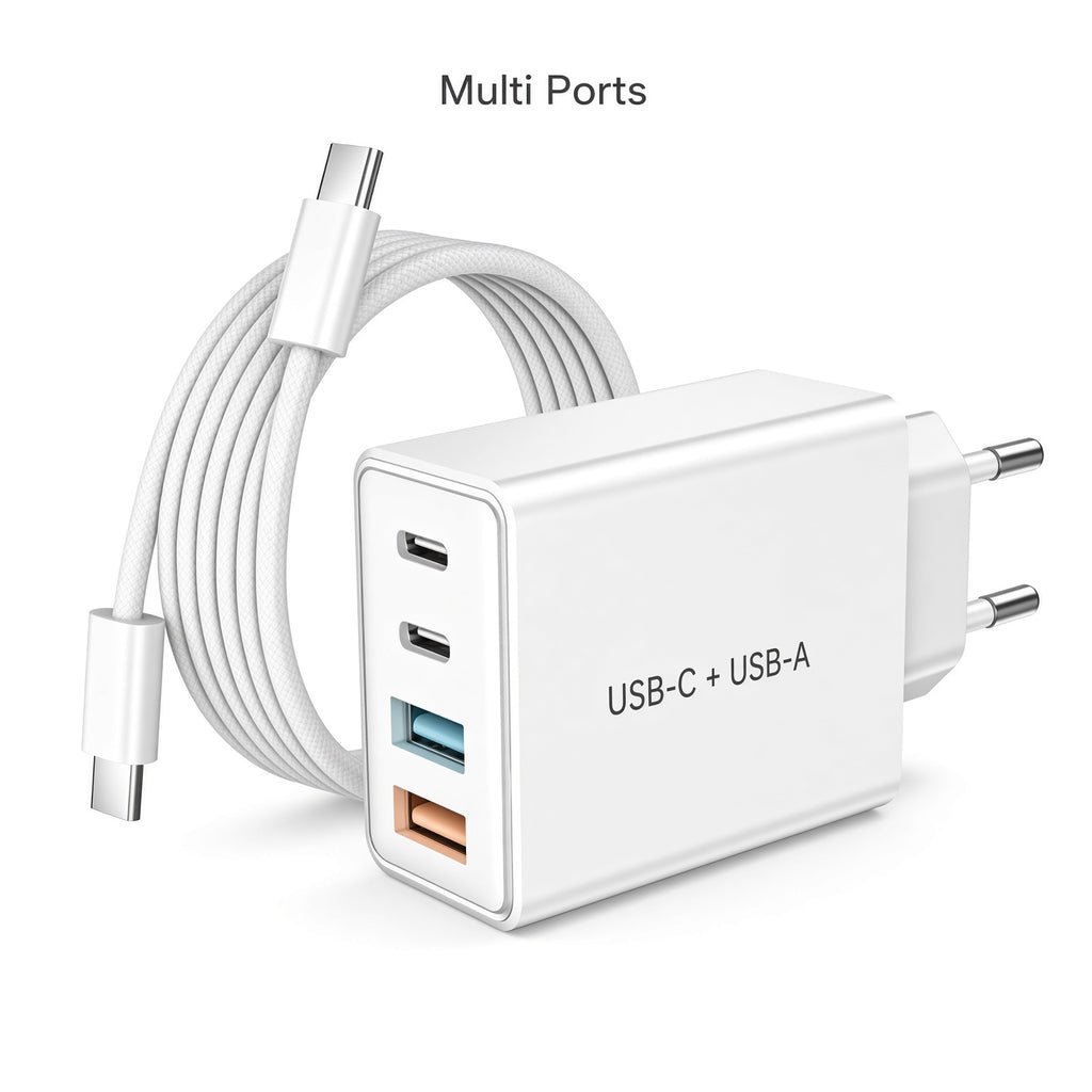White EU Multi-Port Charger with Braided USB-C Cable
