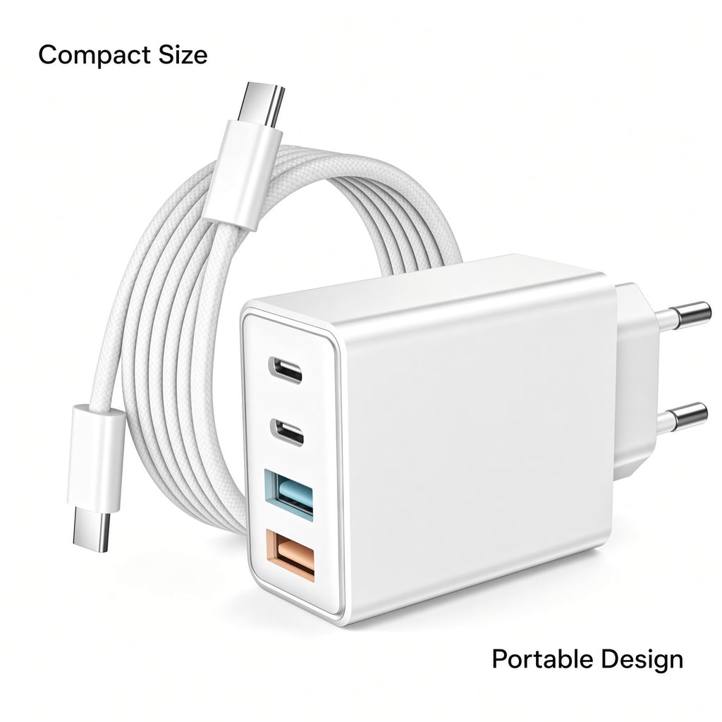 White EU Multi-Port Charger with Braided USB-C Cable