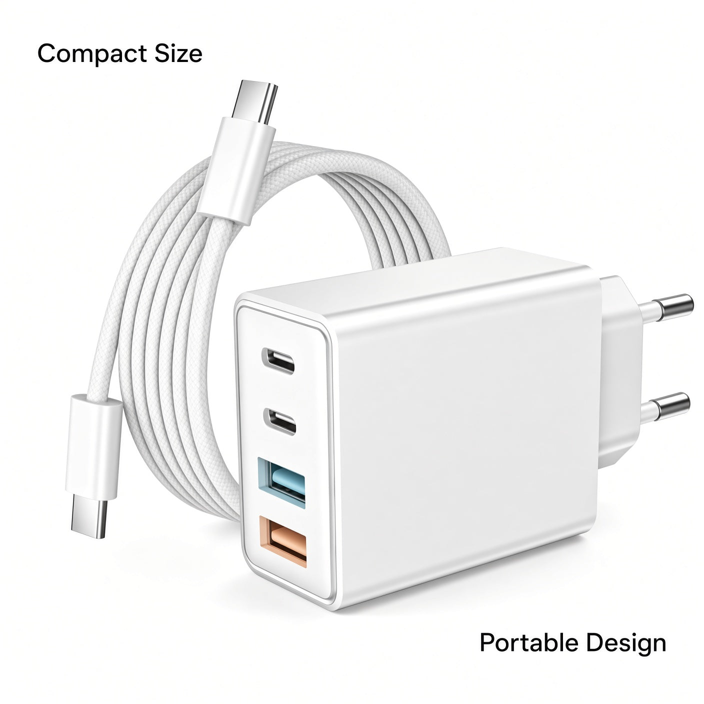 White EU Multi-Port Charger with Braided USB-C Cable