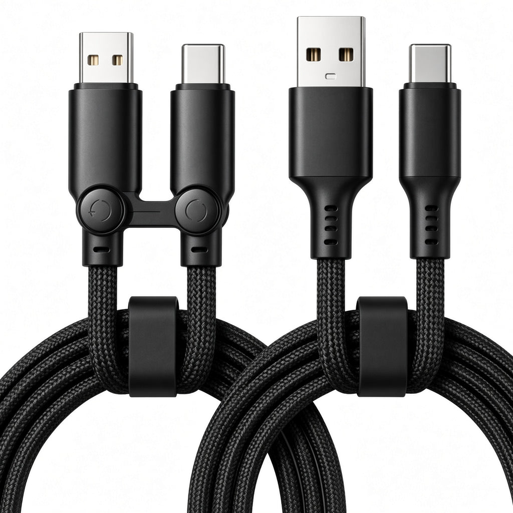 Black Braided USB-A to USB-C Cable 2-Pack with Dual-Head Organizer